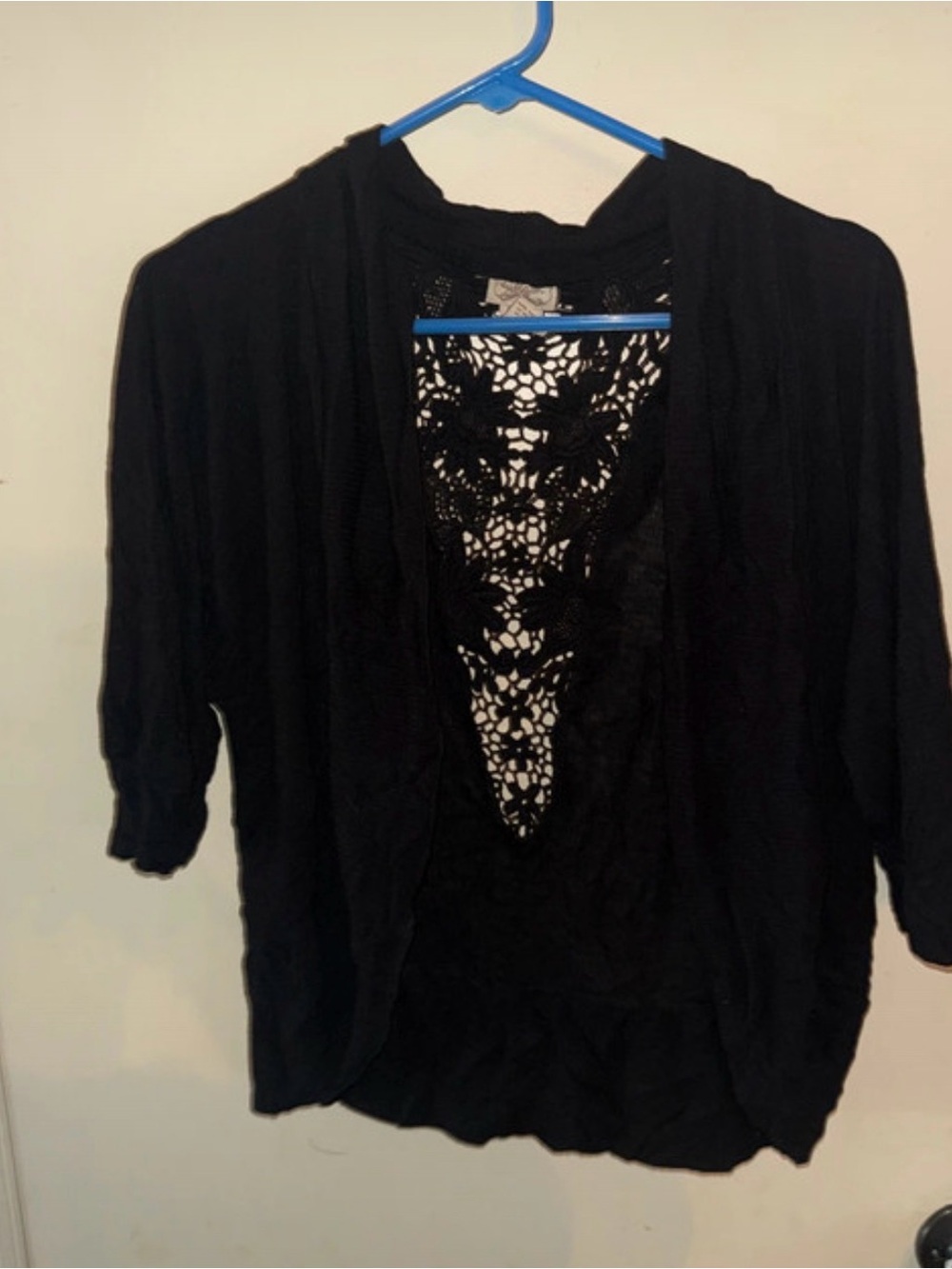 eyelash couture Black Open-Front Cardigan with Crochet Back